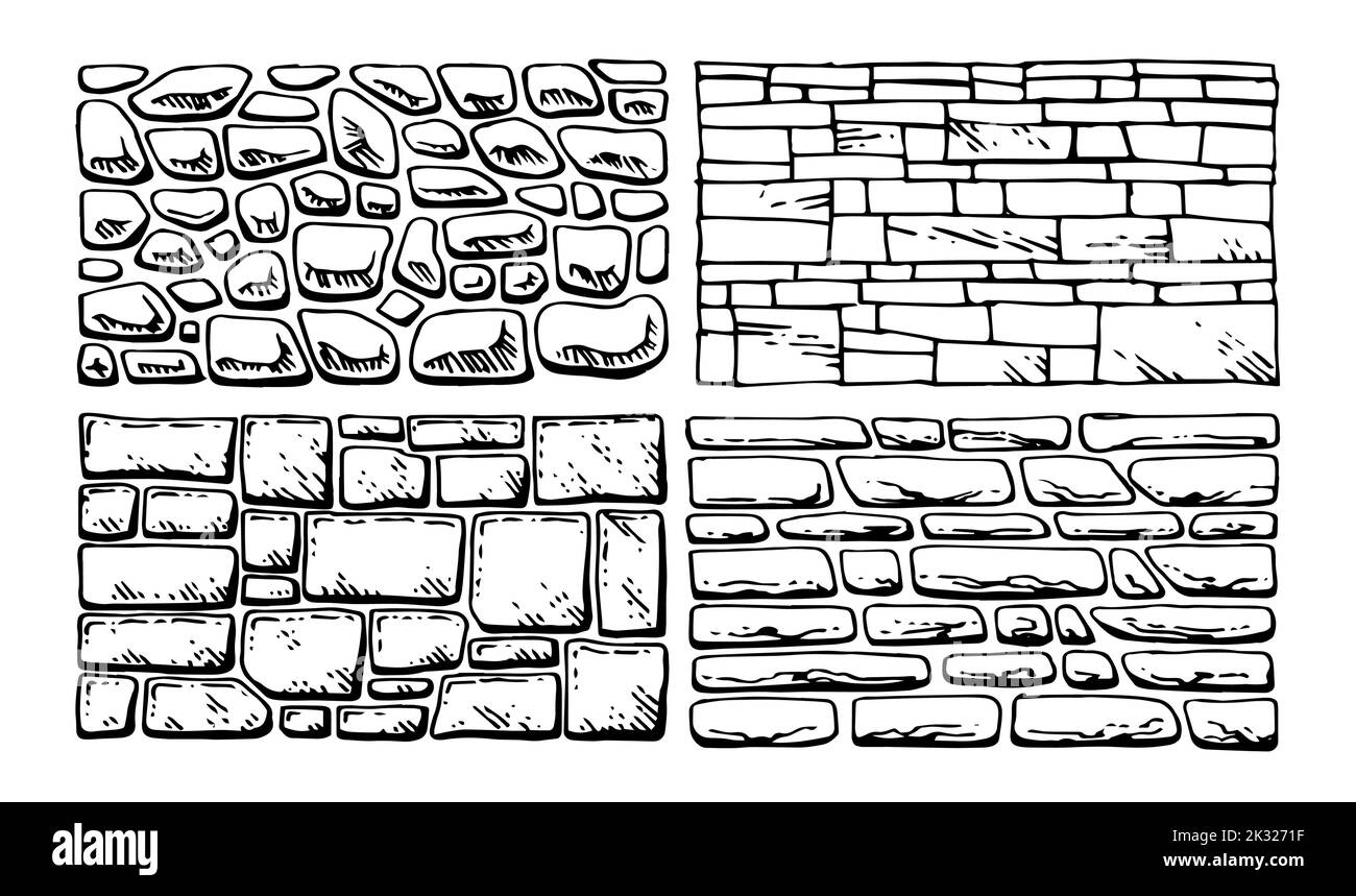 Set of walls. Masonry in construction of houses and fences. Natural building material. Hand drawn outline sketch. Isolated on white background. Vector Stock Vector