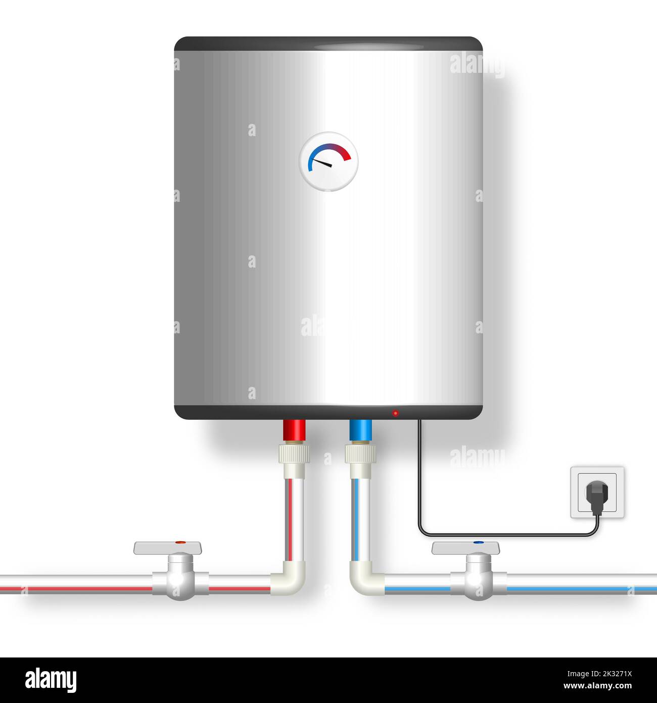 Plastic pipes for hot and cold water with a boiler and valves. Front