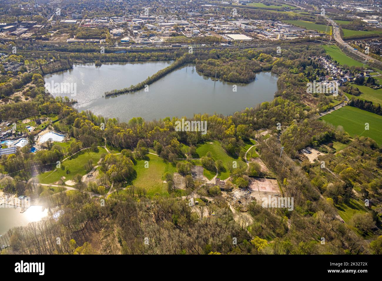 Aerial view, nature reserve and lake Hallerey Reserve, Huckarde, Dortmund, Ruhr area, North Rhine-Westphalia, Germany, DE, Europe, Hallerey nature res Stock Photo