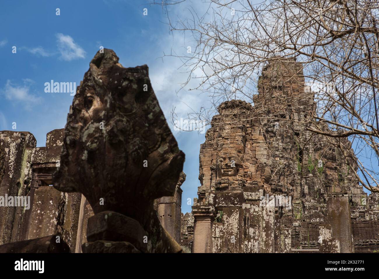 The ruinous towers of Prasat Bayon, Angkor Thom, Siem Reap, Cambodia Stock Photo