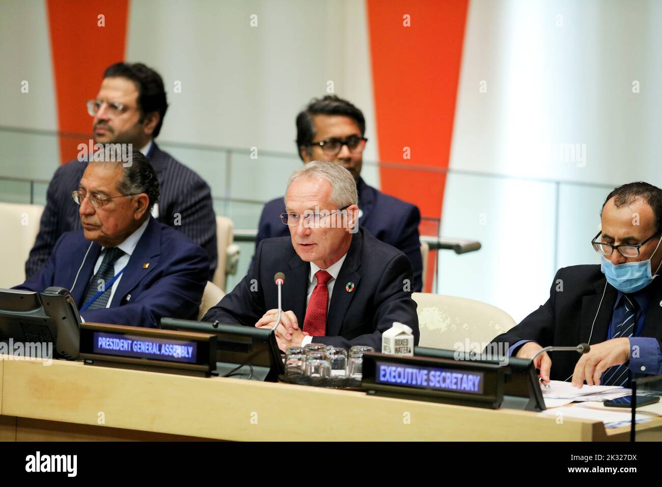 United Nations, UN General Assembly (UNGA). 23rd Sep, 2022. Csaba Korosi (C, front), president of the 77th session of the UN General Assembly (UNGA), speaks at the 46th Annual Meeting of Ministers for Foreign Affairs of the Group of 77 and China at the UN headquarters in New York on Sept. 23, 2022. TO GO WITH 'UNGA president urges reforming 'uncompromising' financial systems' Credit: Wang Ying/Xinhua/Alamy Live News Stock Photo