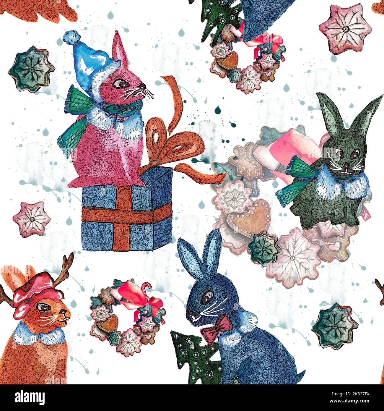 Watercolor New Year 2023 seamless pattern with colored rabbits and Christmas accessories. Christmas bunny seamless pattern. Winter snow bunnies print Stock Photo