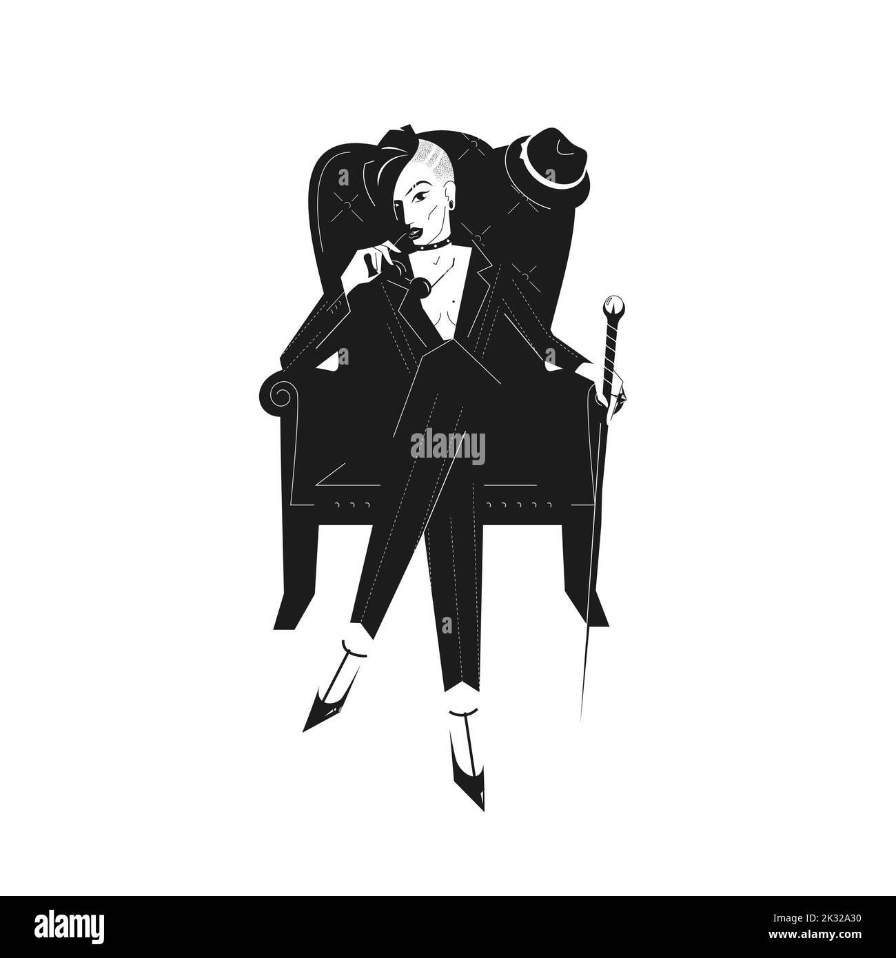 Stylish boss or business woman with a mohawk in an elegant retro suit sits cross-legged on a chair and holds a cane. Strong and power girl vector illu Stock Vector