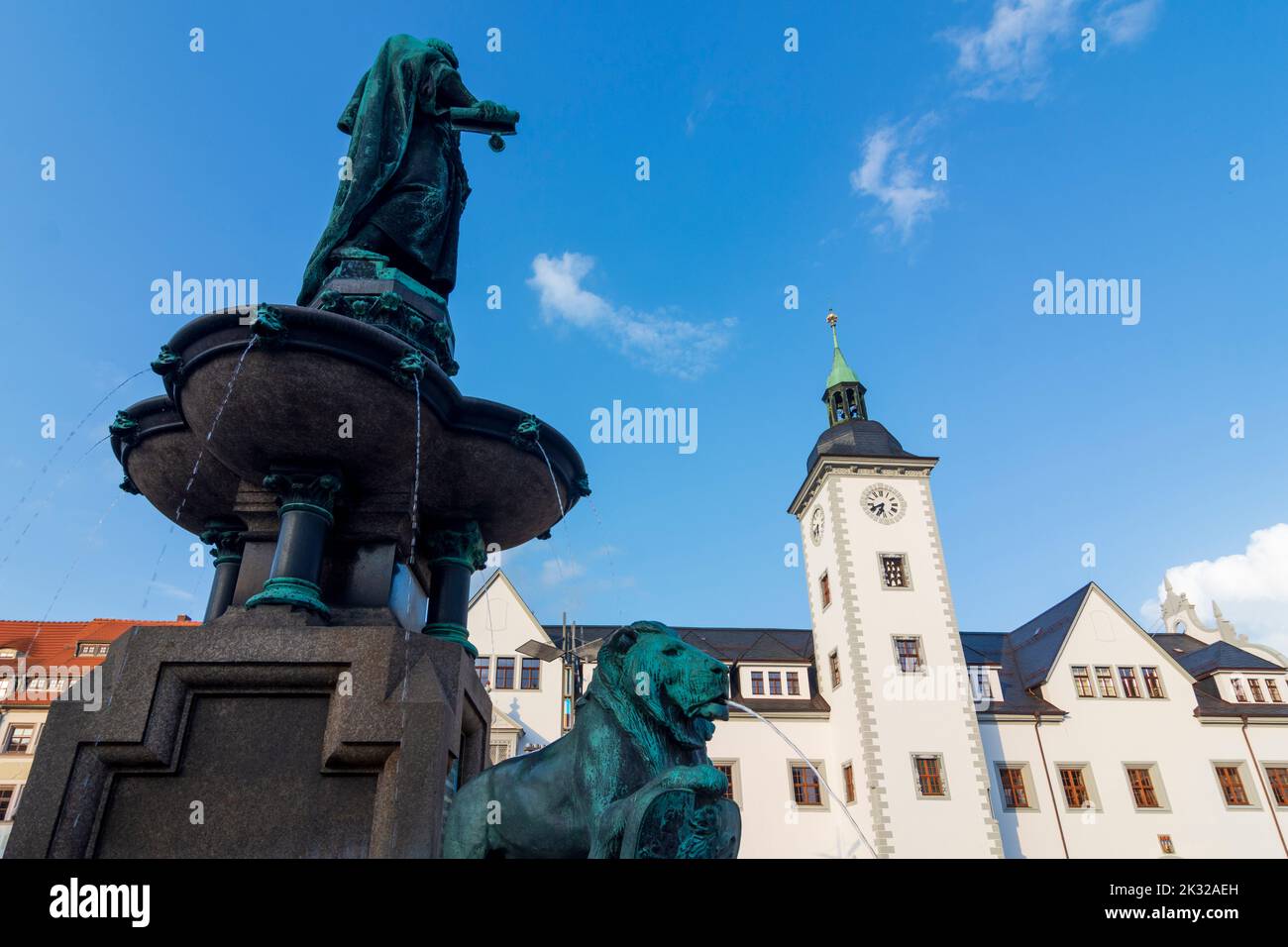 Freiberg: square Obermarkt, Town Hall, fountain in , Sachsen, Saxony, Germany Stock Photo