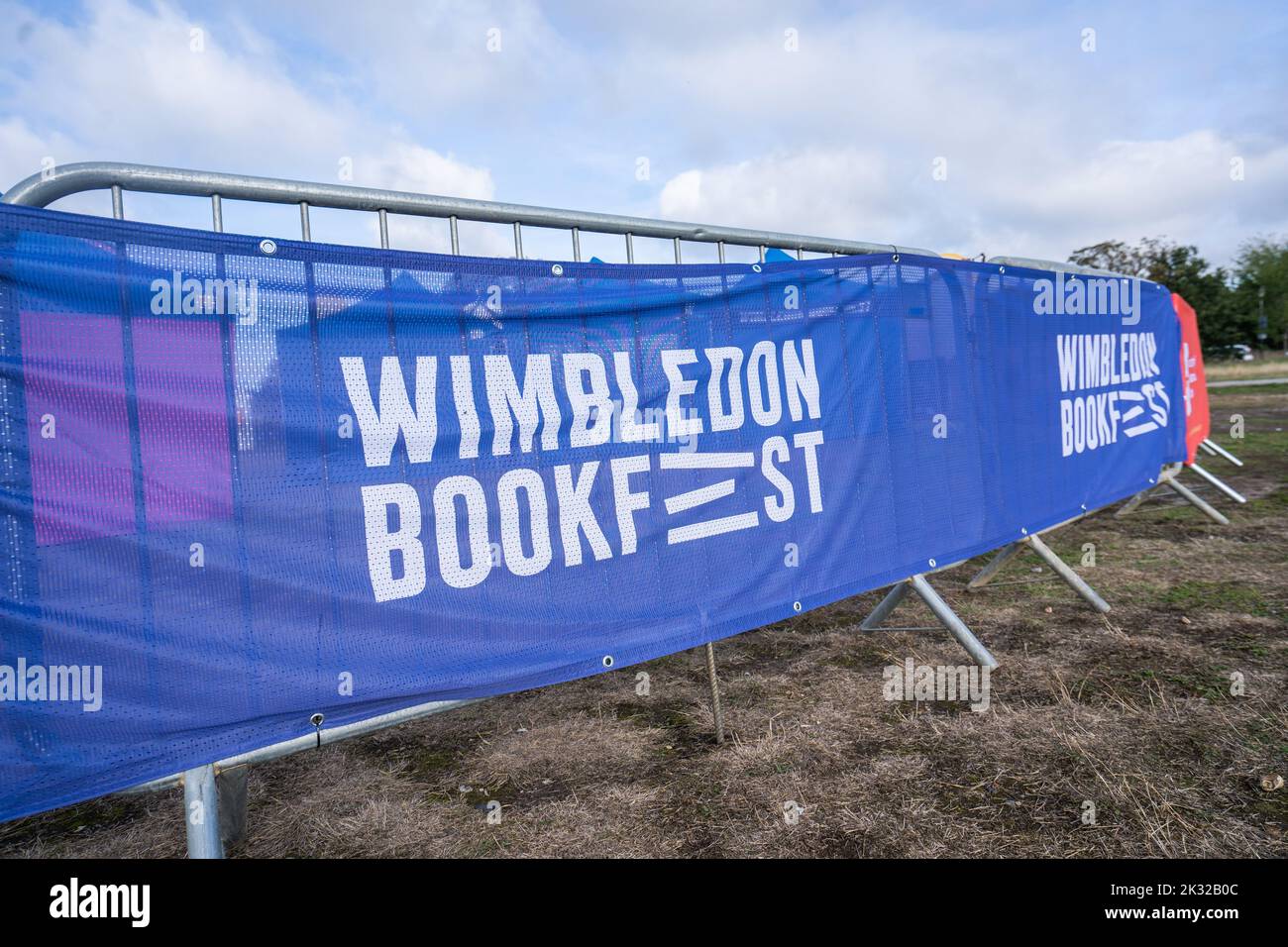 Banner advertising the Wimbledon bookfest, an annual literary event, Wimbledon, southwest London, UK Stock Photo
