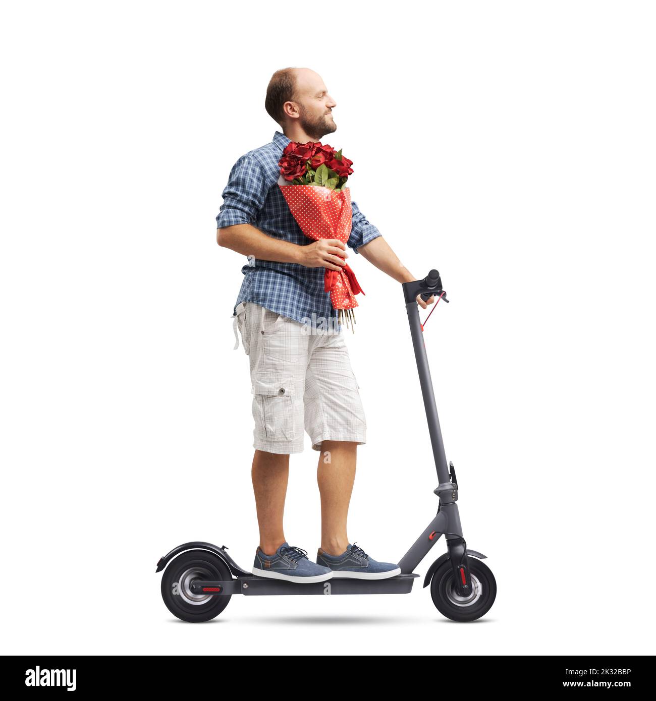 Happy man going on a date, he is bringing flowers for her girlfriend