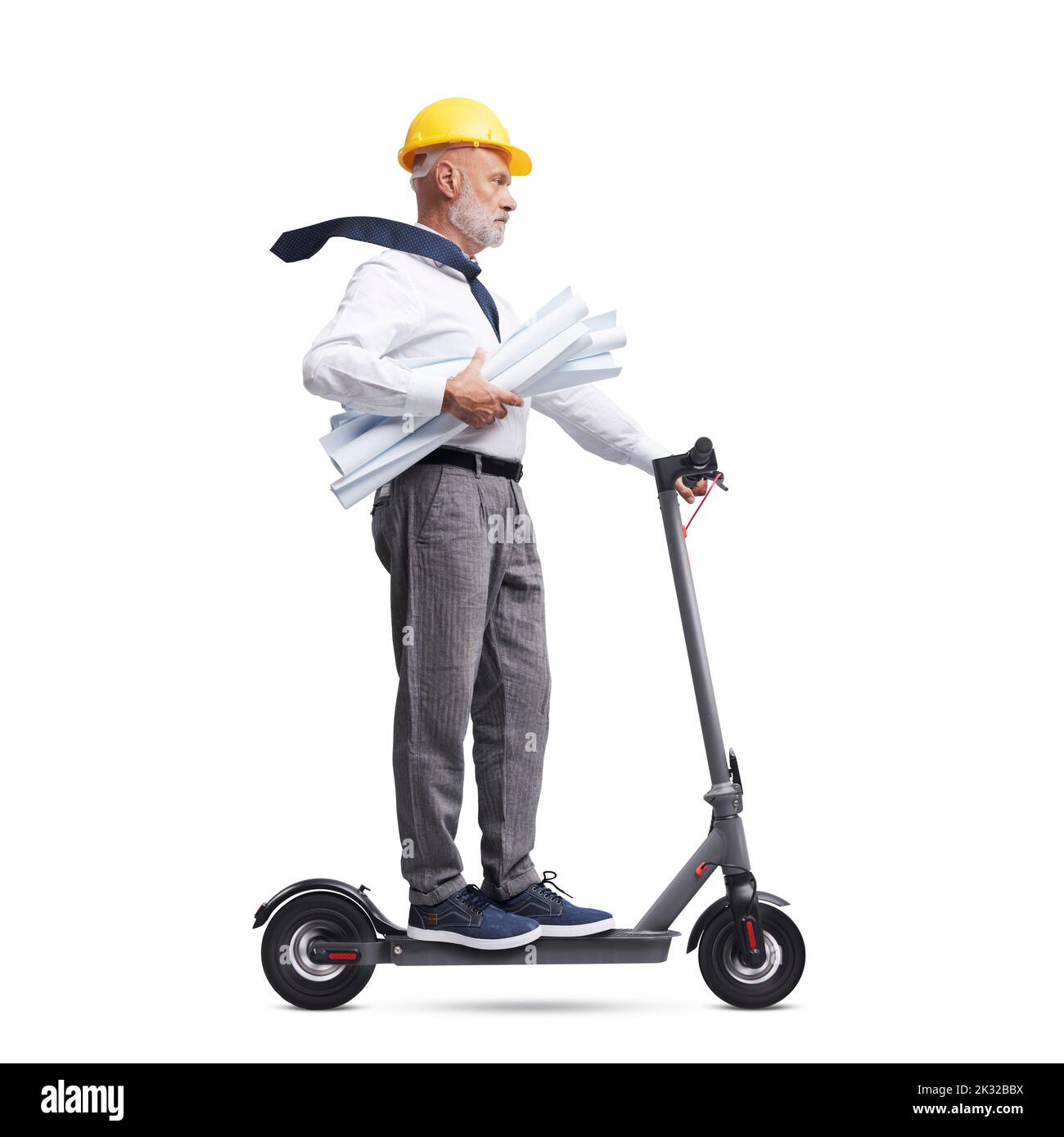 Professional senior architect wearing a safety helmet and riding an ...