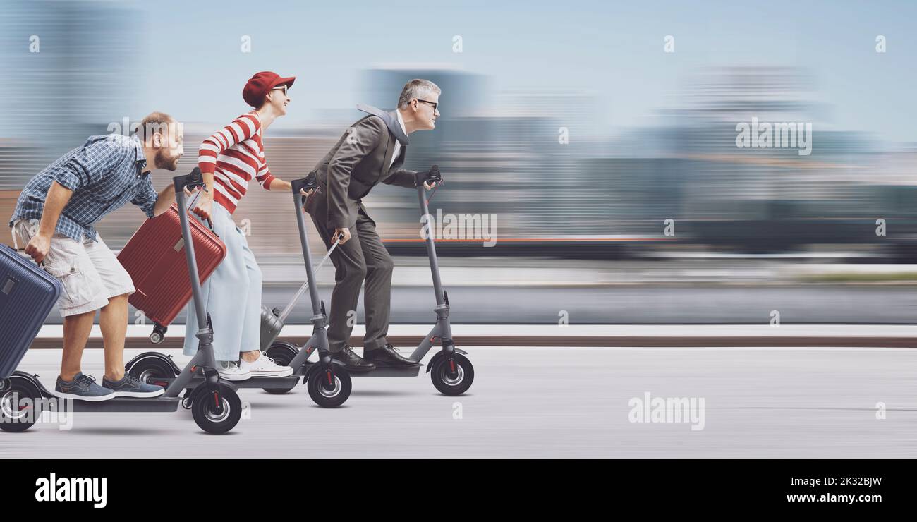 Travelling people carrying luggage and riding fast electric scooters