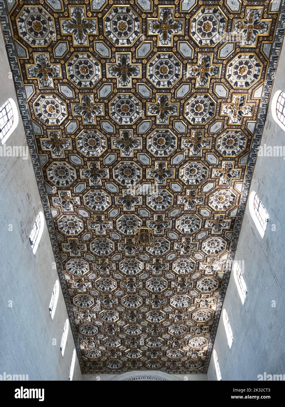 Cathedral of Otranto (Lecce, Puglia, Italy). Lacunar ceiling with gilding on a black and white background built in 1698. Stock Photo