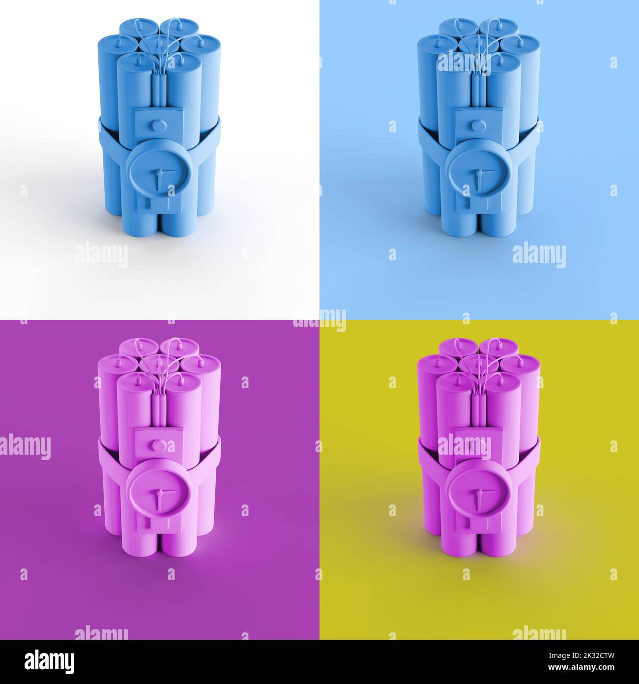 An illustration of the 3D icon of the dynamite timer in four colorful ...