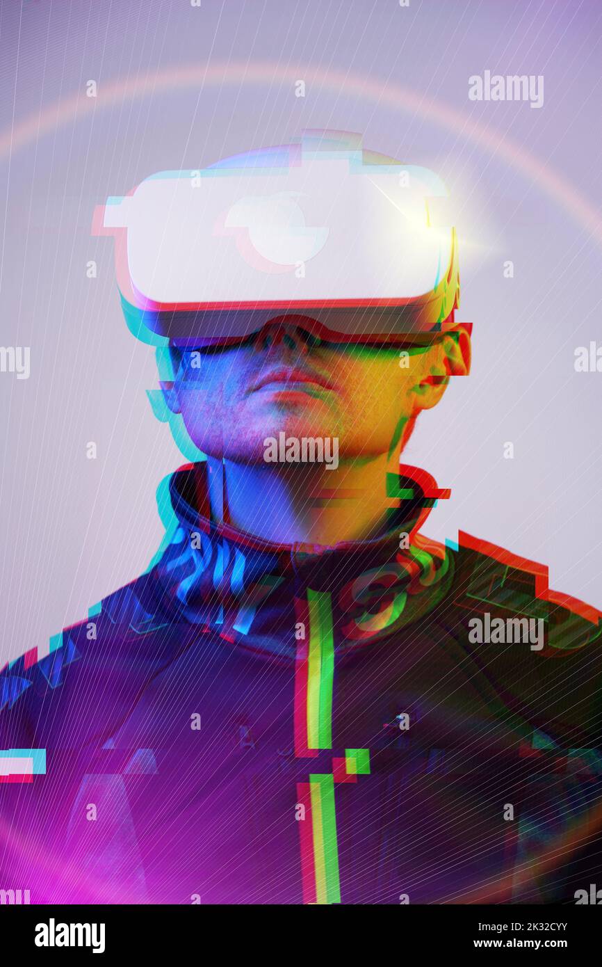 Man is using virtual reality headset. Concept of virtual, augmented and ...