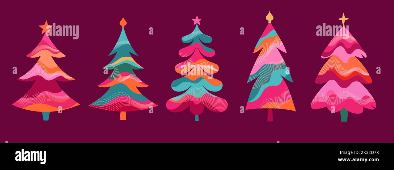 Colorful Retro Christmas Trees Collection for New Year 2023 Stock