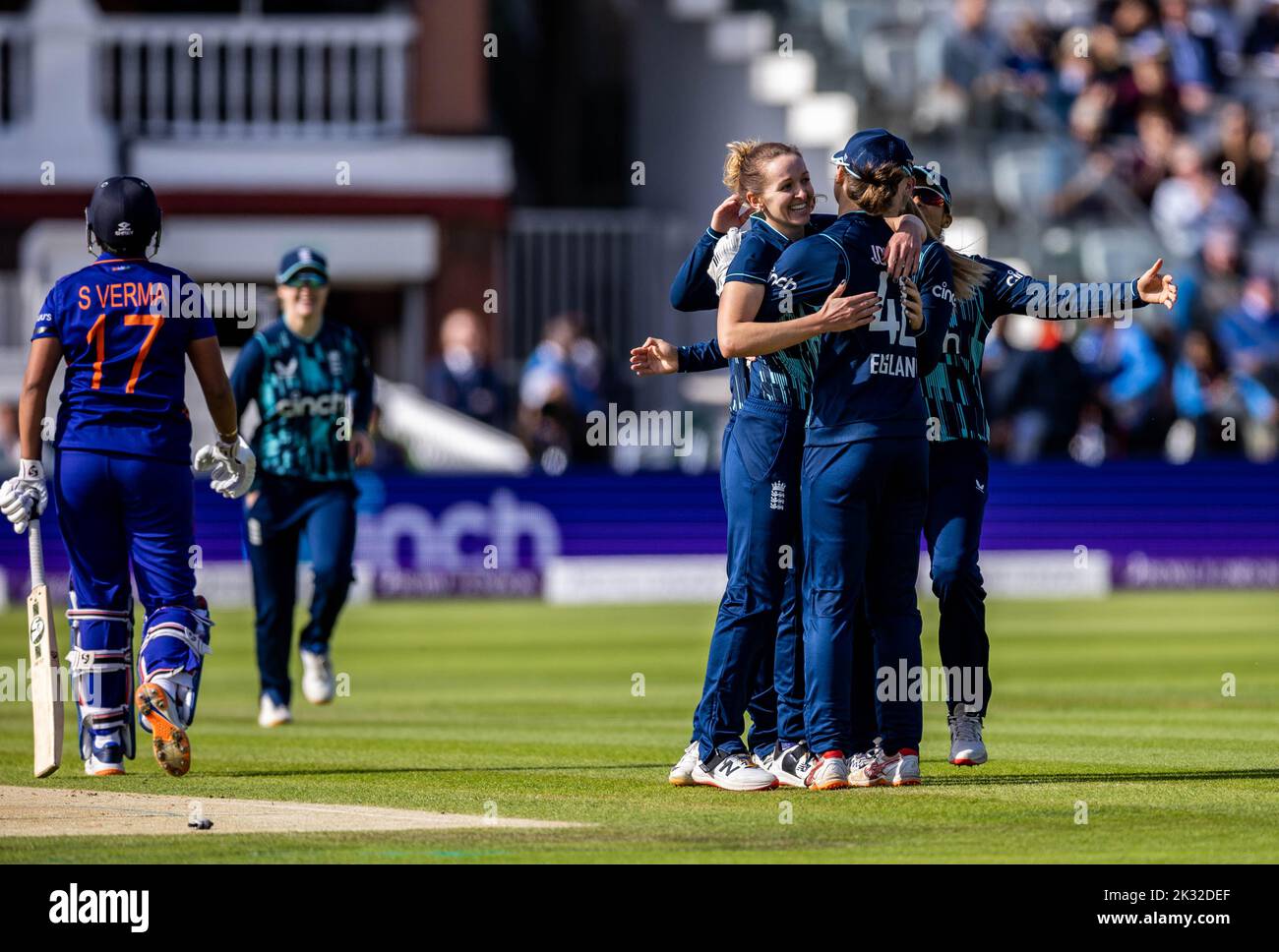 England's Kate Cross celebrates the wicket of India’s Shafali Verma with teammates during the third women's one day international match at Lord's, London. Picture date: Saturday September 24, 2022. Stock Photo