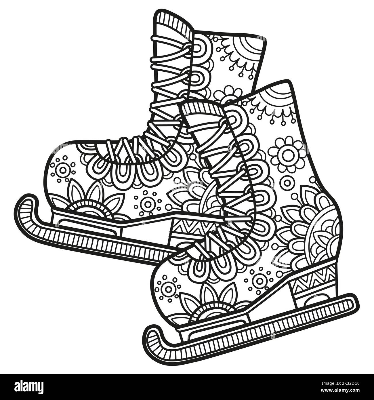 Vector coloring book page for adult. Black and white ice skates in a
