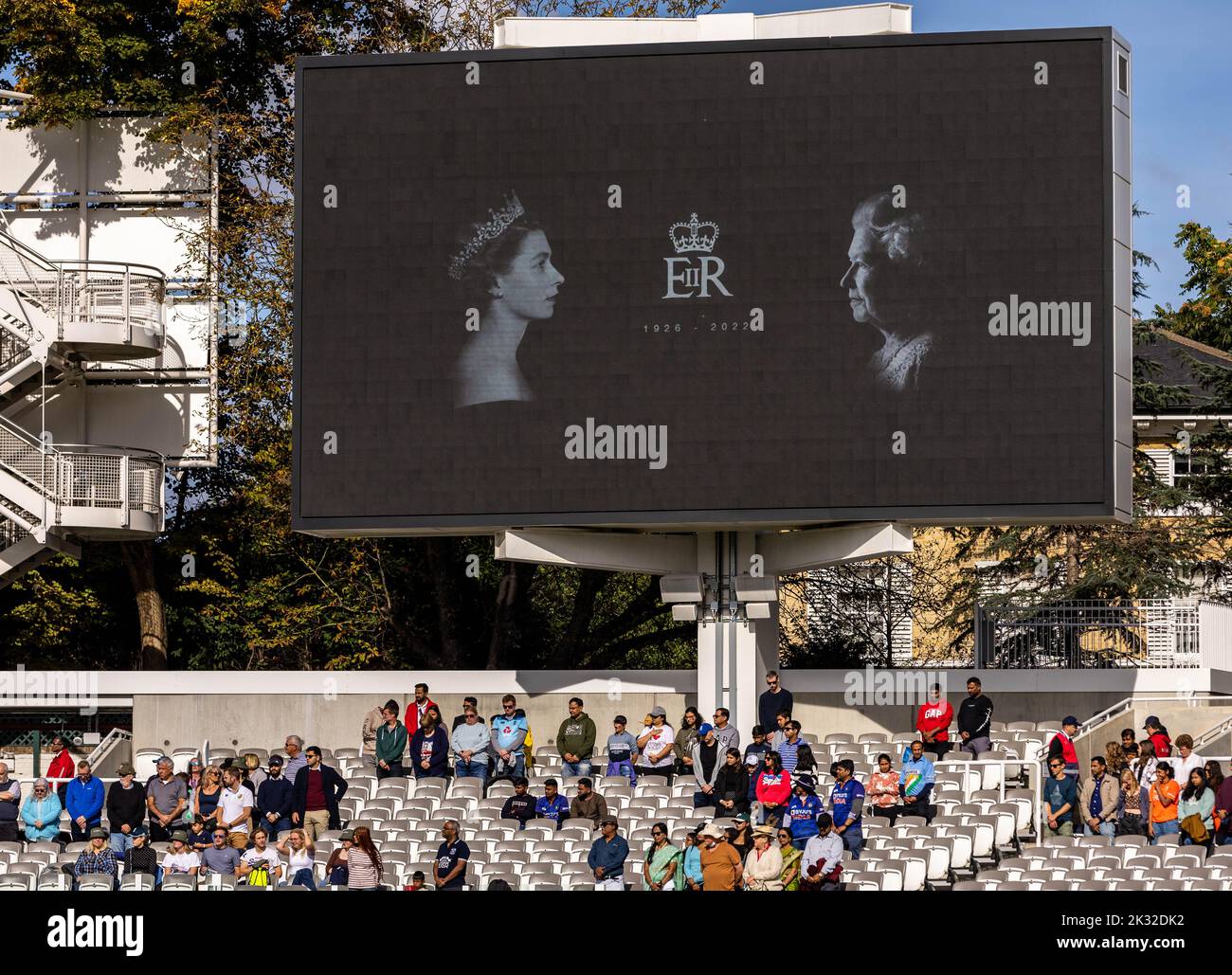 Images of Queen Elizabeth II are displayed on the giant screens ahead of the third women's one day international match at Lord's, London. Picture date: Saturday September 24, 2022. Stock Photo
