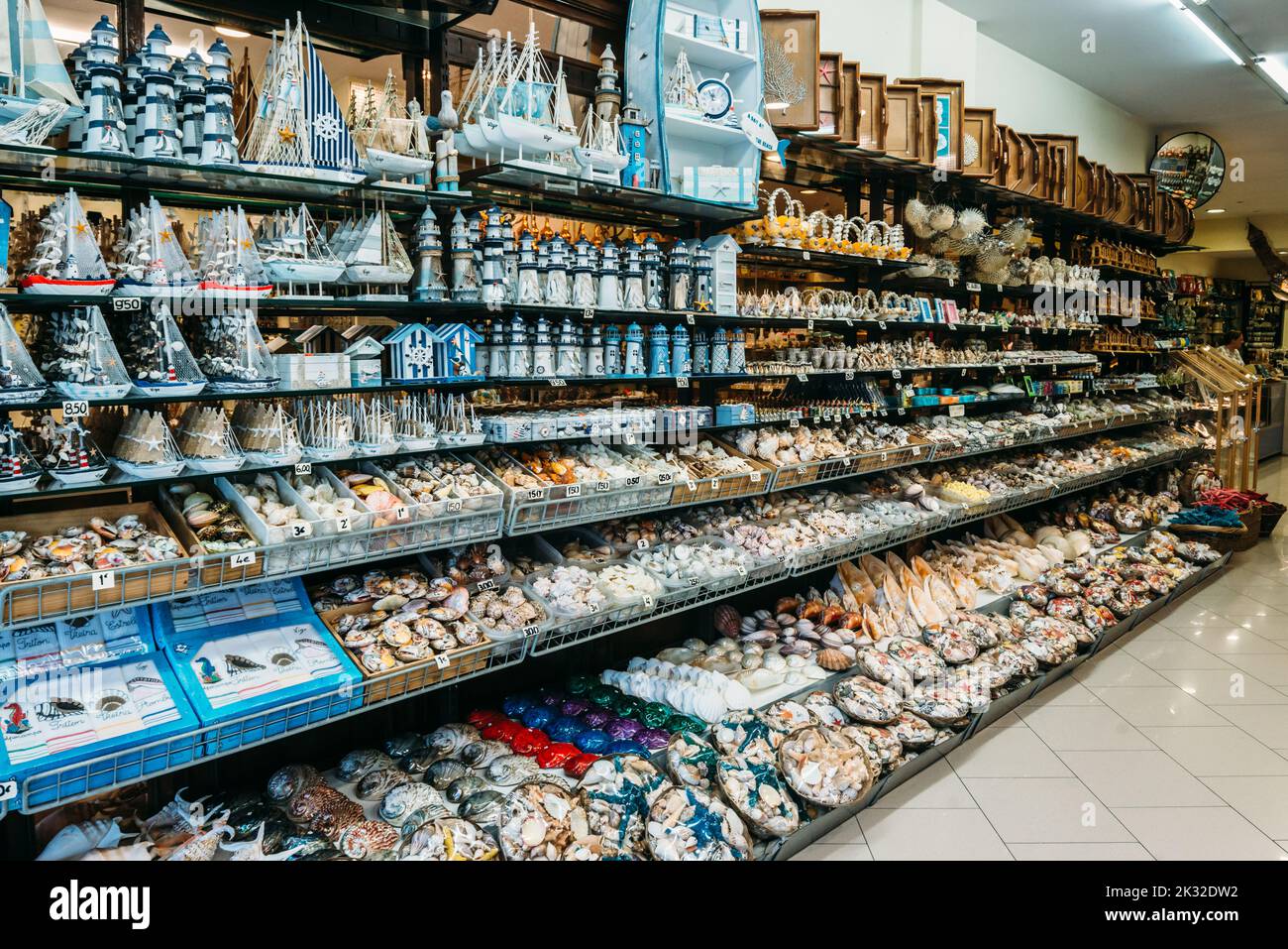 Vigo, Spain - September 23, 2022: Souvenir shop in Vigo, Galicia, Spain with typical sea items such as seashell Stock Photo