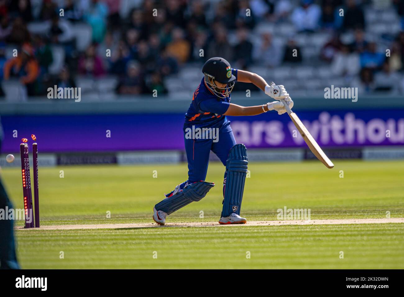 LONDON, UNITED KINGDOM. 24th September, 2022. in17 bowled byKate Cross of England during England Women vs India 3rd Royal London ODI at The Lord's Cricket Ground on Saturday, September 24, 2022 in LONDON ENGLAND.  Credit: Taka G Wu/Alamy Live News Stock Photo