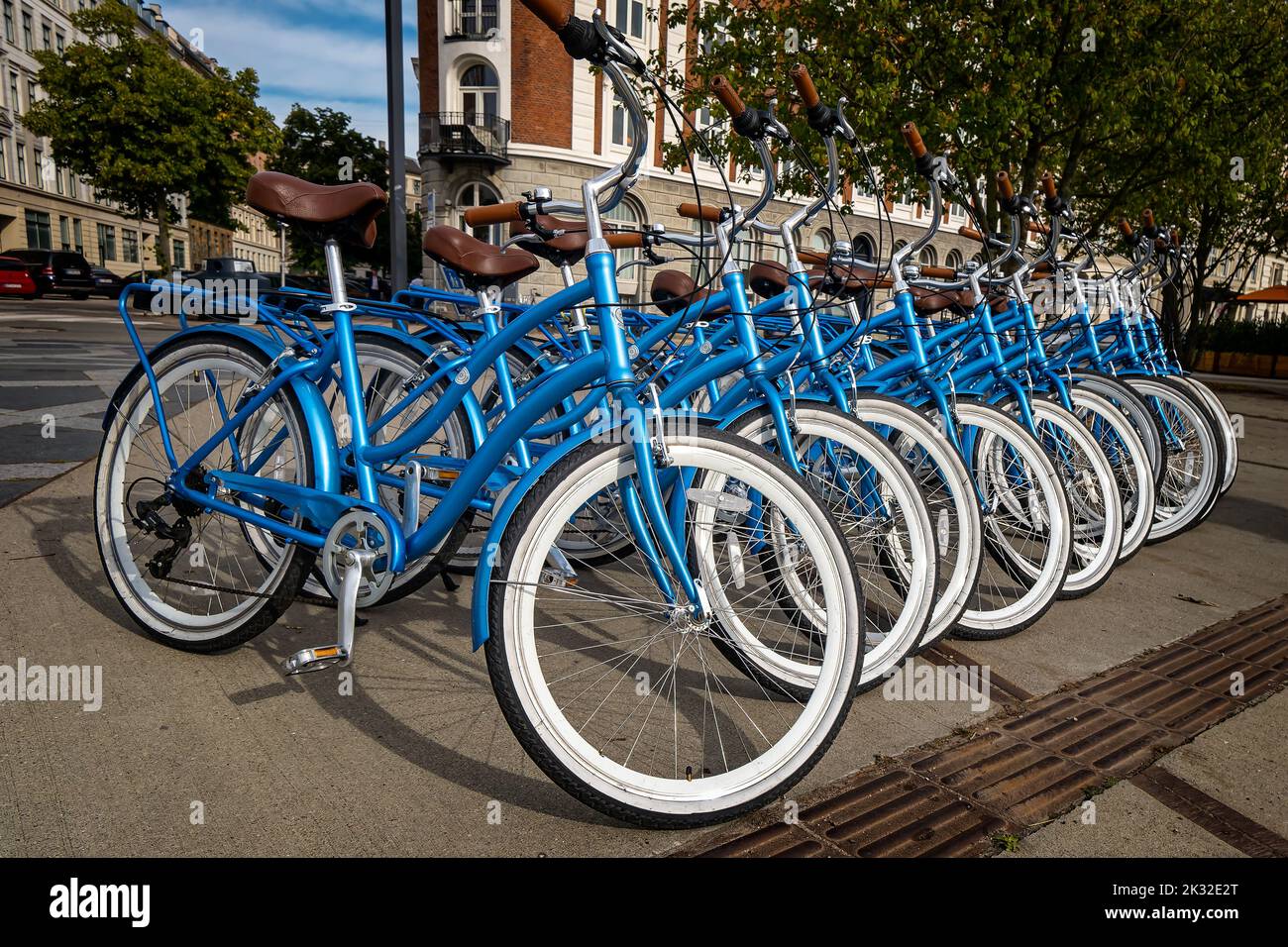 Blue bycicles bikes for rent in central Copenhagen, Denmark Stock Photo