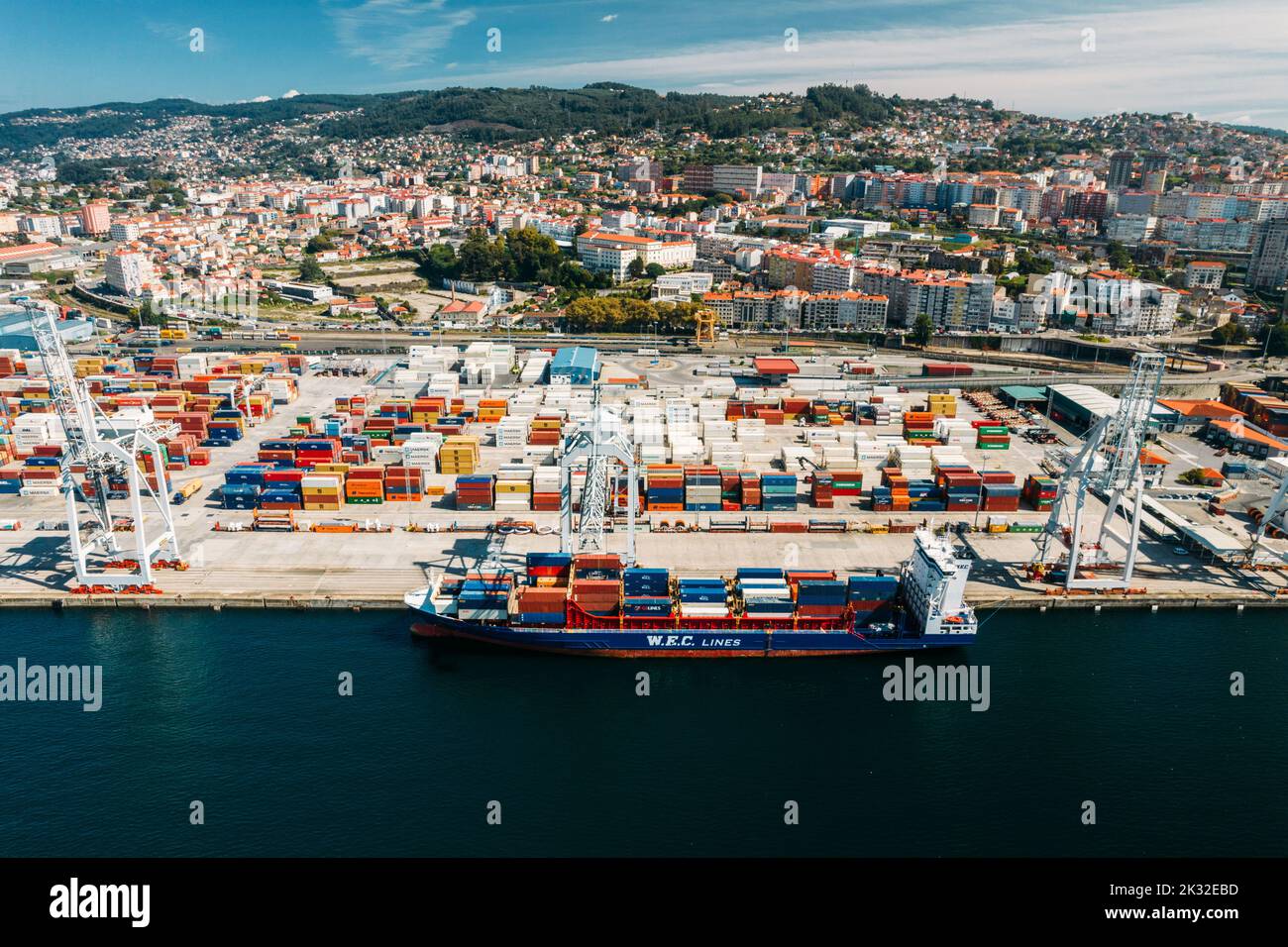 Vigo, Spain - September 23, 2023: Aerial drone view on Vigo cargo seaport, one of the largest in Spain Stock Photo