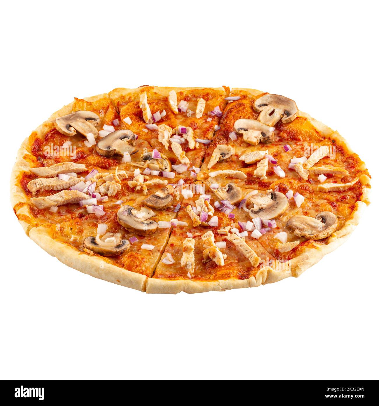 Isolated chicken and mushrooms pizza Stock Photo