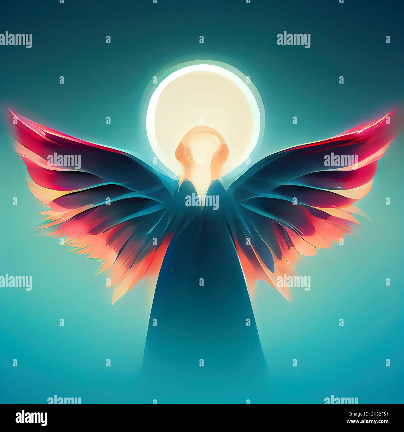 Flat illustration of an angel in dress and with wings. Blue gradient ...