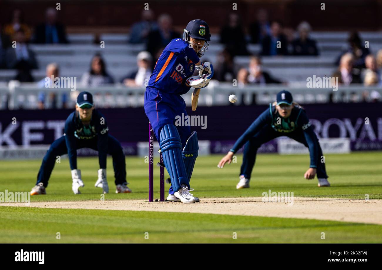 India's Smriti Mandhana batting during the third women's one day international match at Lord's, London. Picture date: Saturday September 24, 2022. Stock Photo