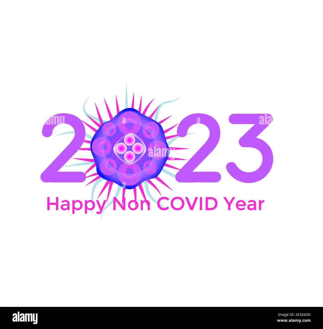 2023 numbers with bacteria covid virus. Happy New Year event poster, greeting card cover, 2023 calendar design, invitation to celebrate New Year and Stock Vector