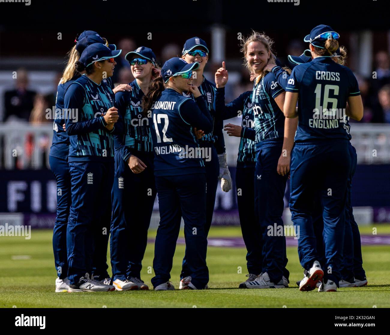 England’s Freya Davies (second right) celebrates with her teammates after taking the wicket of India’s Harleen Deol (not in picture) during the third women's one day international match at Lord's, London. Picture date: Saturday September 24, 2022. Stock Photo
