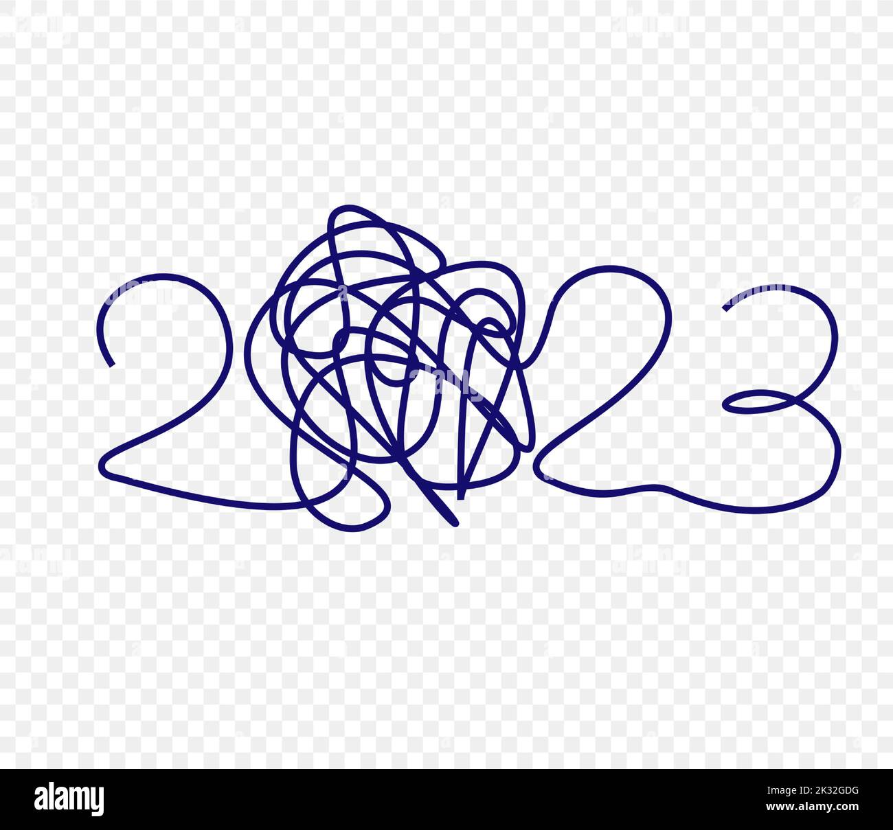 2023 numbers pen written with chaotic lines. Happy New Year event poster, greeting card cover, 2023 calendar design, invitation to celebrate New Year Stock Vector
