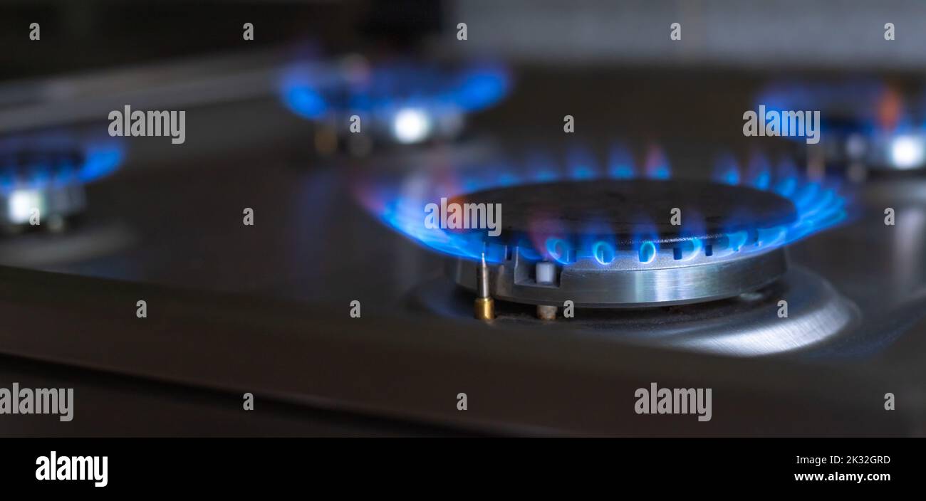 Close-up of a blue fire from a kitchen stove. 4 gas burners with a burning flame. economy concept. wide banner Stock Photo