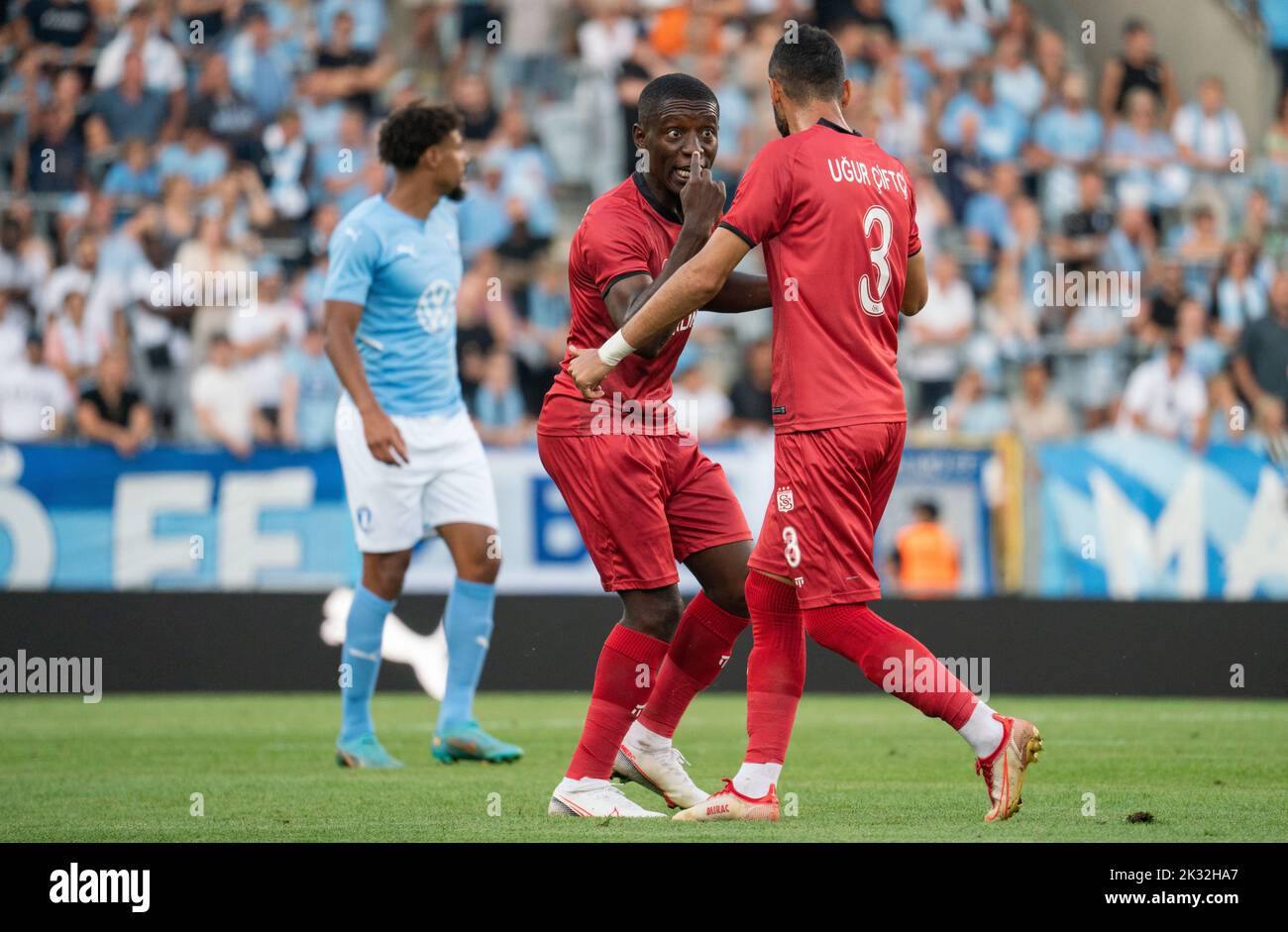 Malmoe, Sweden. 18th, August 2022. Ugur Cifti (3) and Max Gradel (7) of Sivasspor FF seen during the UEFA Europa League qualification match between Malmö FF and Sivasspor at Eleda Stadion in Malmö. (Photo credit: Gonzales Photo - Joe Miller). Stock Photo