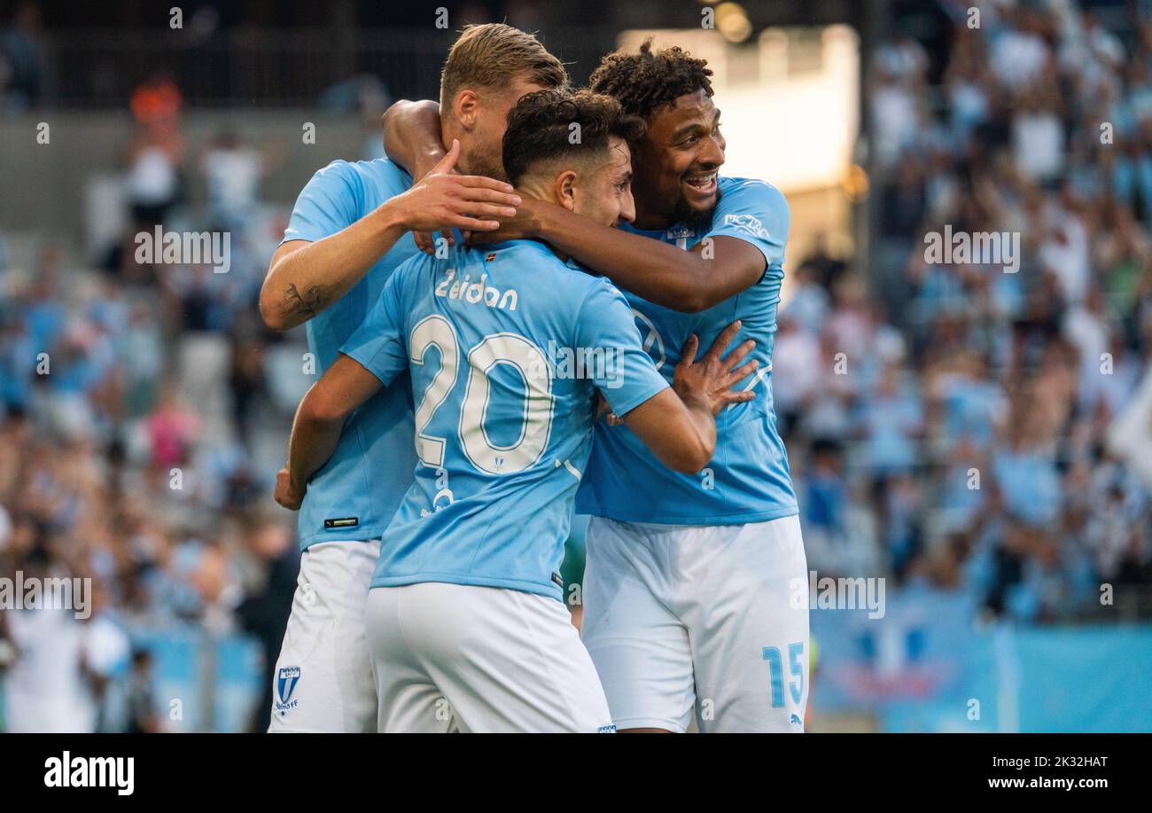 Malmoe, Sweden. 18th, August 2022. Moustafa Zeidan (20) of Malmö FF scores for 1-0 during the UEFA Europa League qualification match between Malmö FF and Sivasspor at Eleda Stadion in Malmö. (Photo credit: Gonzales Photo - Joe Miller). Stock Photo