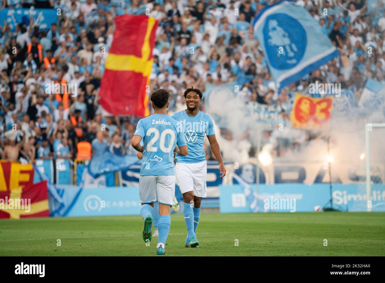 Malmoe, Sweden. 18th, August 2022. Moustafa Zeidan (20) of Malmö FF scores for 1-0 and celebrates with Joseph Ceesay (15) during the UEFA Europa League qualification match between Malmö FF and Sivasspor at Eleda Stadion in Malmö. (Photo credit: Gonzales Photo - Joe Miller). Stock Photo