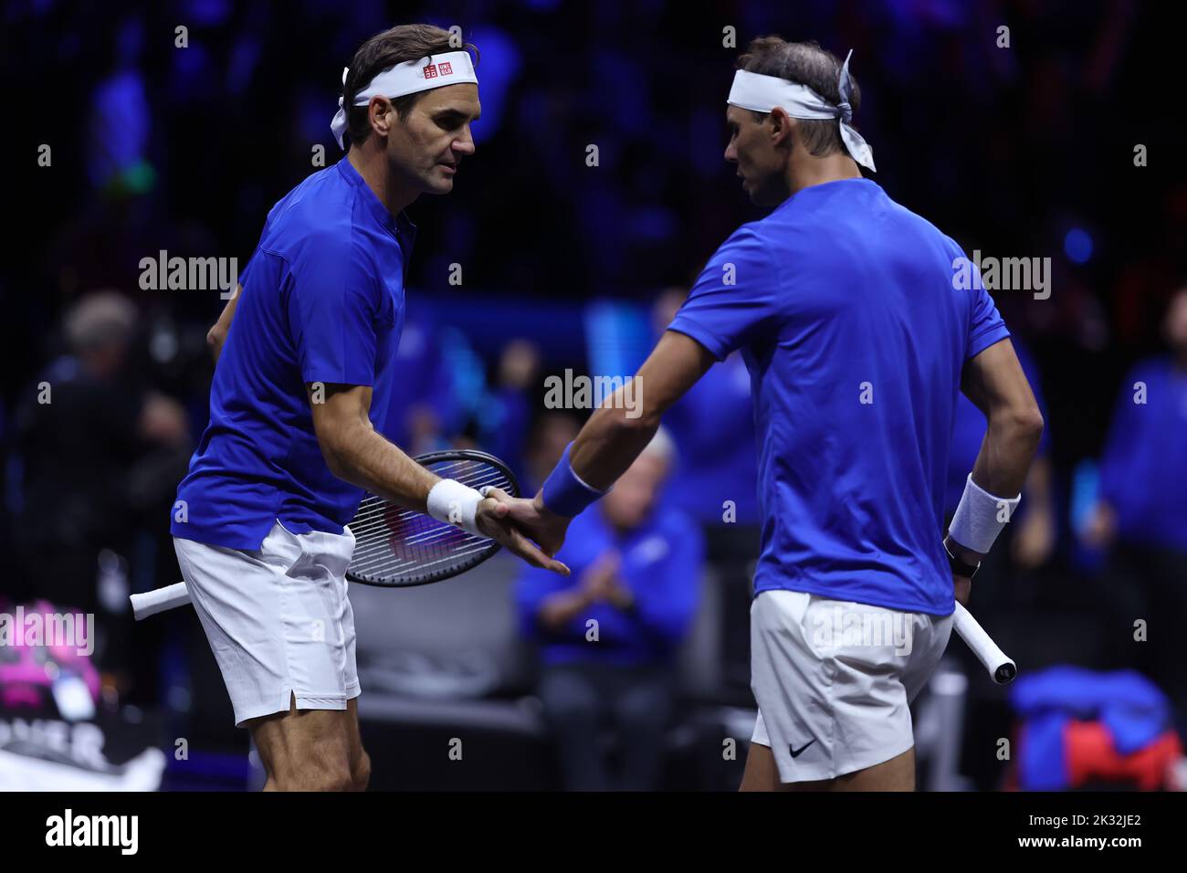 London, UK. 24th Sep, 2022. 23rd September 2022; O2, London England: Laver Cup international tennis tournament: Rodger Federer with doubles team mate Rafael Nadal of Team Europe during their doubles match with Frances Tiafoe and Jack Sock of Team World Credit: Action Plus Sports Images/Alamy Live News Stock Photo