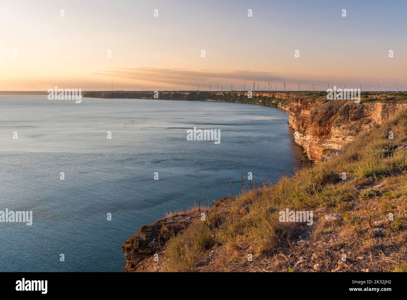 Scenic view of Black Sea at Cape Kaliakra at golden hour Stock Photo