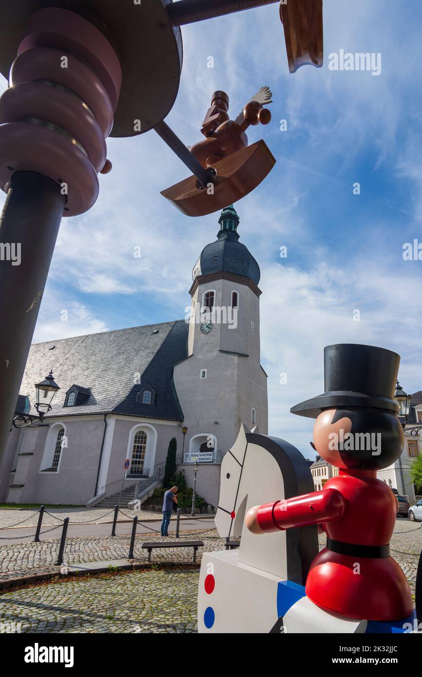 Olbernhau: city church, figure Olbernhauer Reiterlein, christmas pyramid in Erzgebirge, Ore Mountains, Sachsen, Saxony, Germany Stock Photo