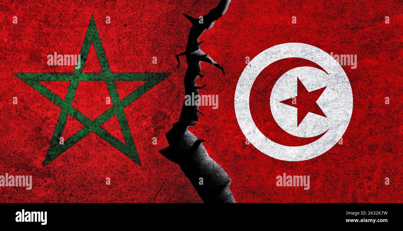 Morocco and Tunisia flags together. Tunisia and Morocco relation, conflict, war crisis, economy