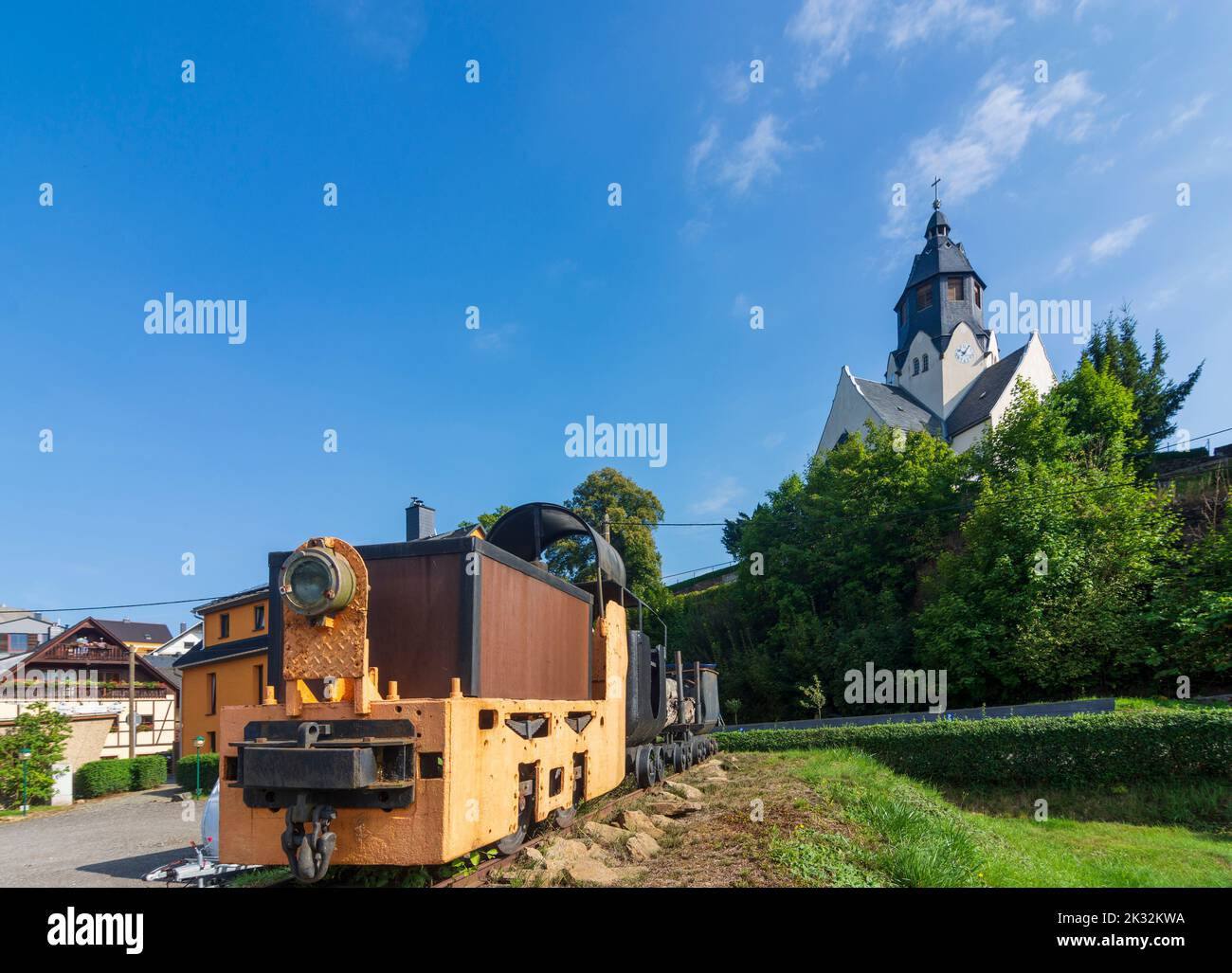 Thermalbad Wiesenbad: river Zschopau, church in Wiesa, mining locomotiv in Erzgebirge, Ore Mountains, Sachsen, Saxony, Germany Stock Photo