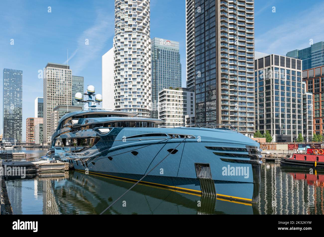 Superyacht Phi moored in South Dock, Canary Wharf. Phi has been impounded by the National Crime Agency as part of sanctions against Russian oligarchs. Stock Photo