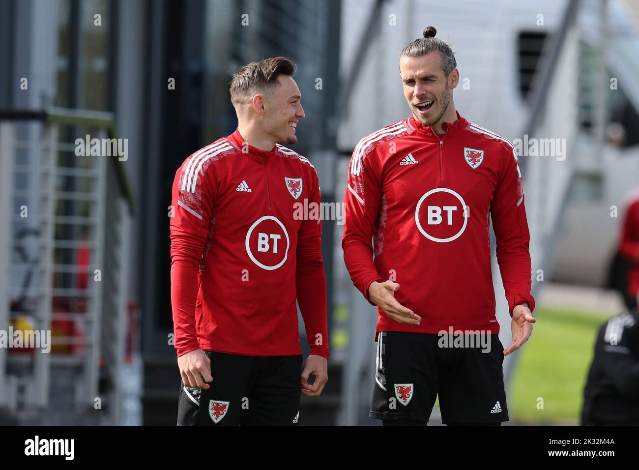 Cardiff, UK. 24th Sep, 2022. Gareth Bale of Wales (r) with Connor Roberts of Wales during the Wales football team MD1 training session at the Vale Resort, Hensol, near Cardiff on Saturday 24th September 2022. The team are preparing for their next match, a UEFA Nations league match against Poland tomorrow . this image may only be used for Editorial purposes. Editorial use only, pic by Andrew Orchard/Andrew Orchard sports photography/Alamy Live news Credit: Andrew Orchard sports photography/Alamy Live News Stock Photo