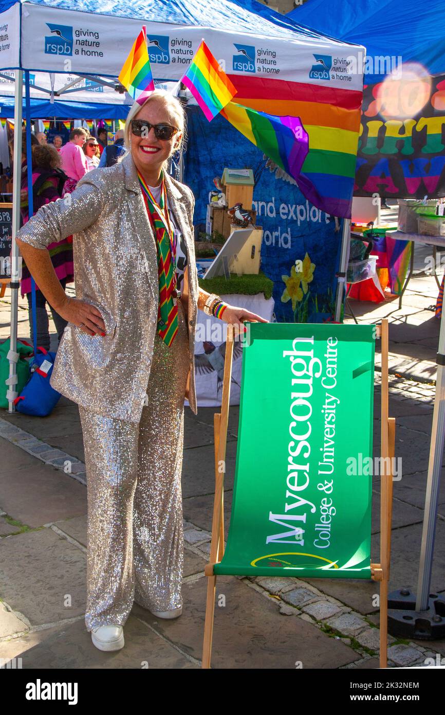 Susanna Brandon from Myerscough College inPreston, Lancashire. UK Entertainment. 24 Sept, 2022. Rainbow colours and togetherness as colourful characters gather in the Flag Market for the 8th annual city Gay Pride Festival. LGBT , gender, lesbian pride, sexual rights event, orientation, party banner, homosexuality, demonstration, tolerance, human, street carnival, lifestyle, bisexual love, homosexual parade, festival rainbow, celebration flag, transsexual equality, transgender, trans community people assemble as the celebrations begin in the city centre: MediaWorldImages/Alamy Live News Stock Photo