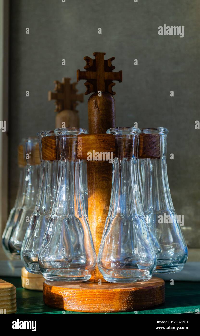 Small traditional glass bottles for serving brandy Stock Photo Alamy