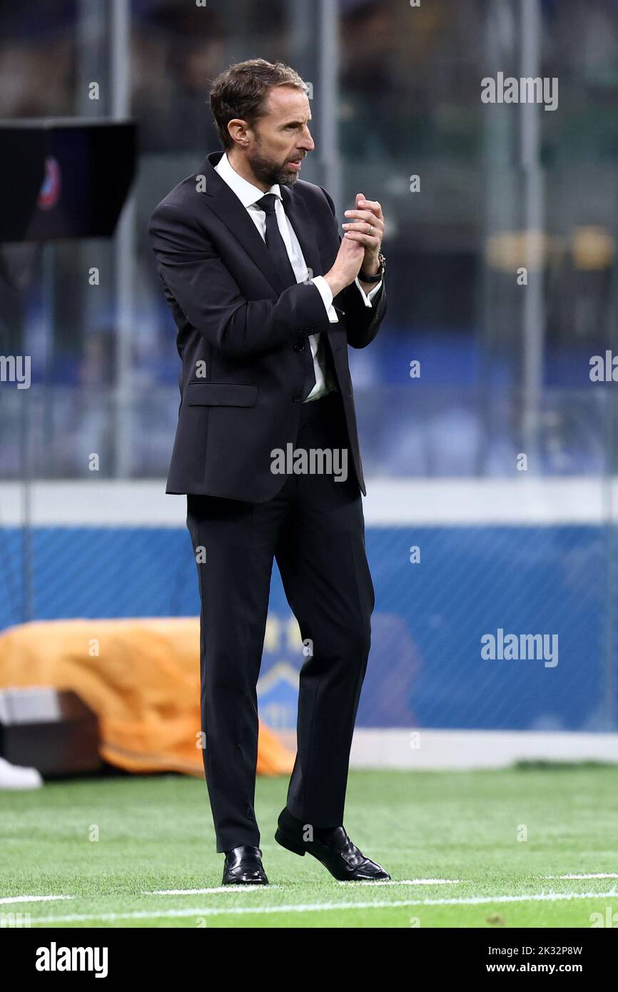 Milan, Italy. 23rd Sep, 2022. Gareth Southgate, head coach of England looks on during the UEFA Nations League League A Group 3 match between Italy and England at San Siro on September 23, 2022 in Milan, Italy. Credit: Marco Canoniero/Alamy Live News Stock Photo