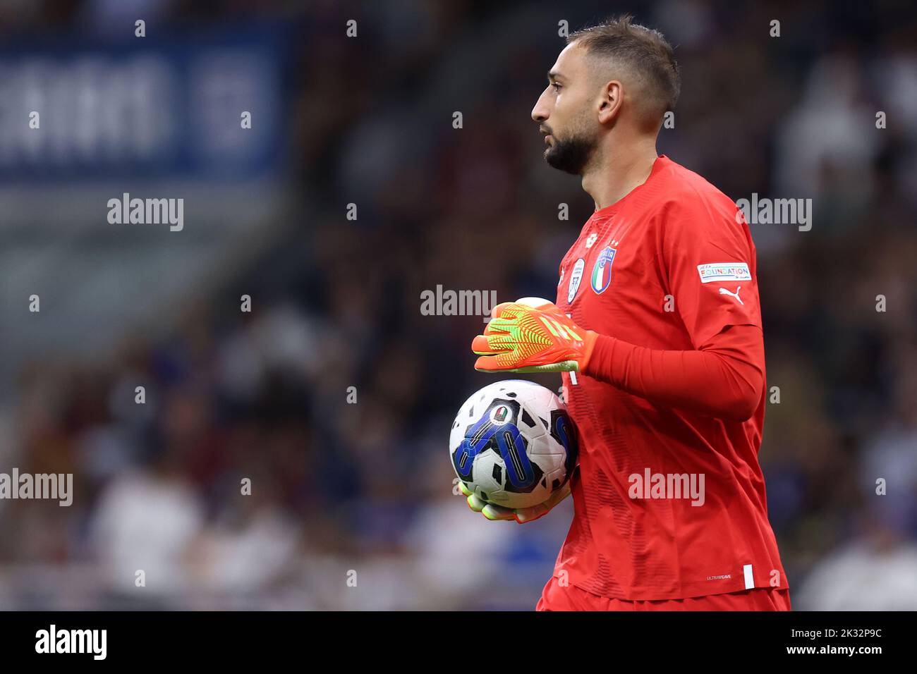 Milan, Italy. 23rd Sep, 2022. Gianluigi Donnarumma of Italy controls the ball during the UEFA Nations League League A Group 3 match between Italy and England at San Siro on September 23, 2022 in Milan, Italy. Credit: Marco Canoniero/Alamy Live News Stock Photo