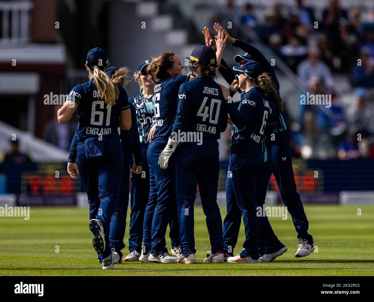 England's Kate Cross celebrates with her teammates after taking the wicket of India’s Smriti Mandhana (not in picture) during the third women's one day international match at Lord's, London. Picture date: Saturday September 24, 2022. Stock Photo