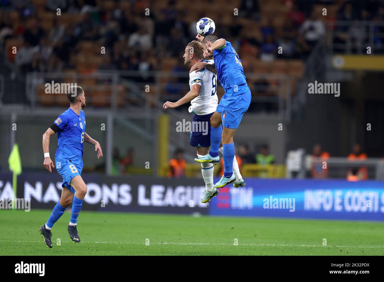 Milan, Italy. 23rd Sep, 2022. Leonardo Bonucci of Italy and Harry Kane of England  battle for the ball during the UEFA Nations League League A Group 3 match between Italy and England at San Siro on September 23, 2022 in Milan, Italy. Credit: Marco Canoniero/Alamy Live News Stock Photo