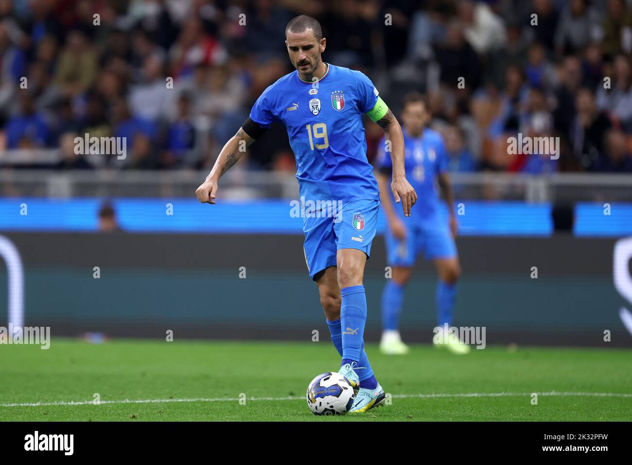 Milan, Italy. 23rd Sep, 2022. Leonardo Bonucci of Italy controls the ball during the UEFA Nations League League A Group 3 match between Italy and England at San Siro on September 23, 2022 in Milan, Italy. Credit: Marco Canoniero/Alamy Live News Stock Photo