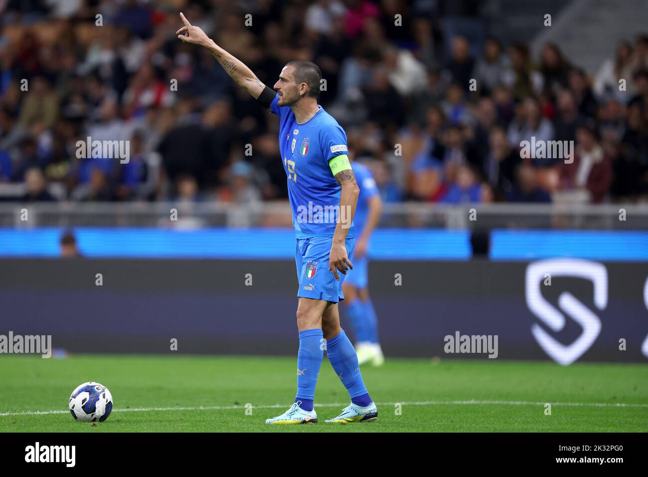 Milan, Italy. 23rd Sep, 2022. Leonardo Bonucci of Italy gestures during the UEFA Nations League League A Group 3 match between Italy and England at San Siro on September 23, 2022 in Milan, Italy. Credit: Marco Canoniero/Alamy Live News Stock Photo
