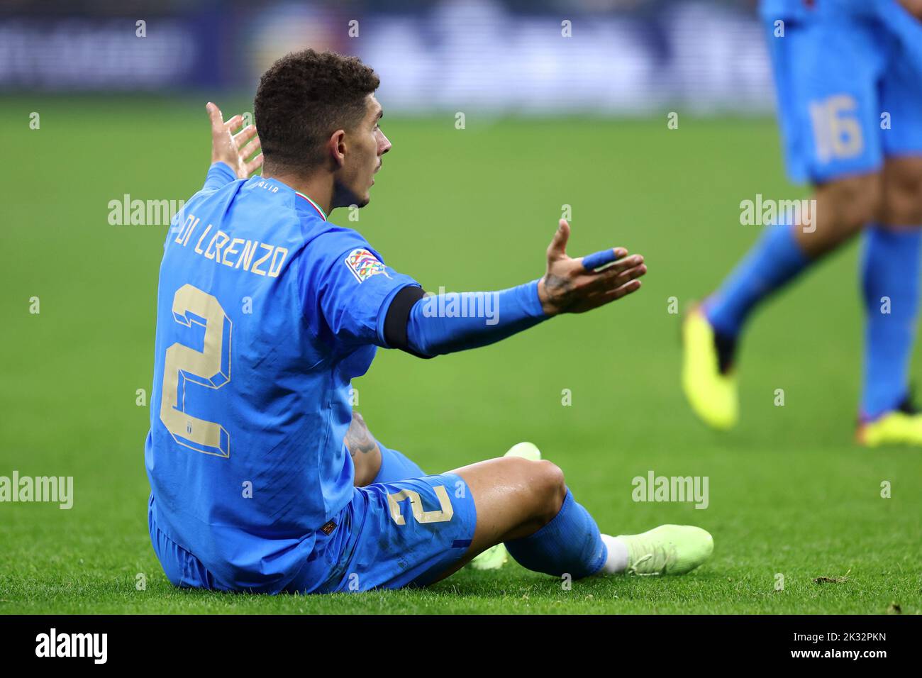 Milan, Italy. 23rd Sep, 2022. Giovanni Di Lorenzo of Italy lies on the ground during the UEFA Nations League League A Group 3 match between Italy and England at San Siro on September 23, 2022 in Milan, Italy. Credit: Marco Canoniero/Alamy Live News Stock Photo