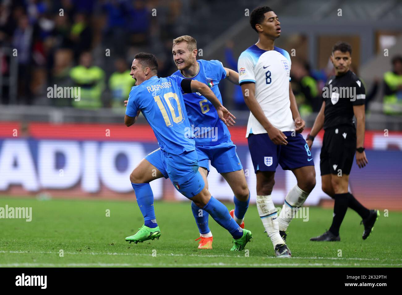 Milan, Italy. 23rd Sep, 2022. Giacomo Raspadori of Italy celebrates after scoring his team's first goal during the UEFA Nations League League A Group 3 match between Italy and England at San Siro on September 23, 2022 in Milan, Italy. Credit: Marco Canoniero/Alamy Live News Stock Photo